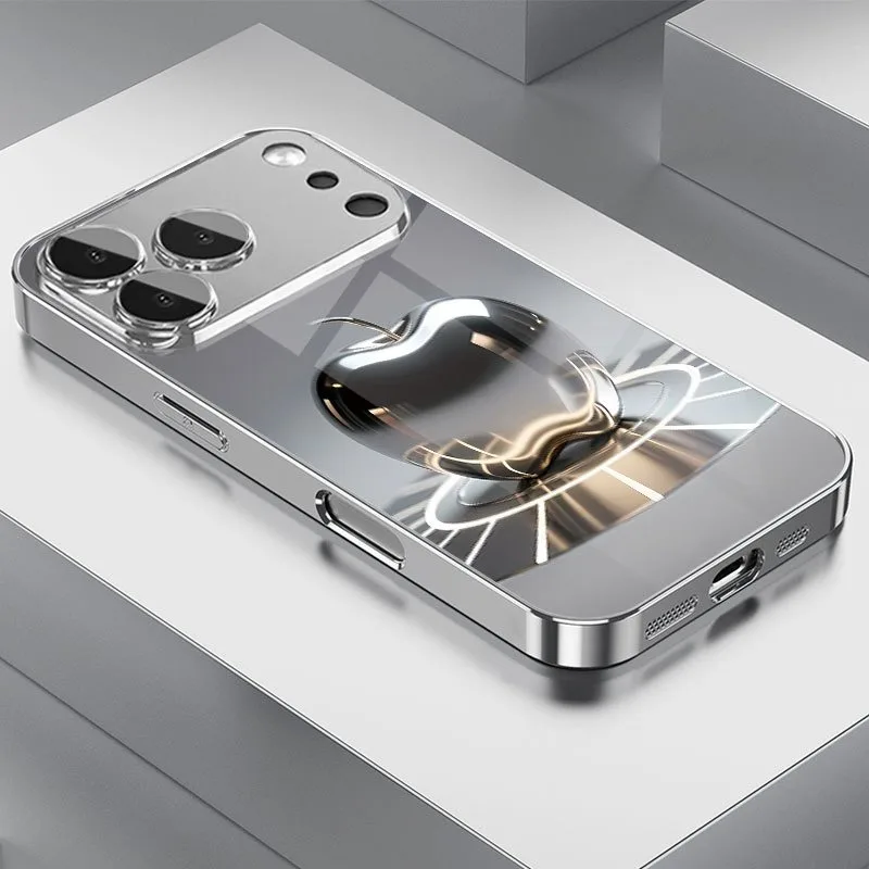 Metallisch glänzendes Silber für Apple-Muster-Glas-Handyhülle für iPhone 11 12 13 14 15 16 17 18 Pro Max Plus Air Elektroplattierter Schutz. – Detail 1
