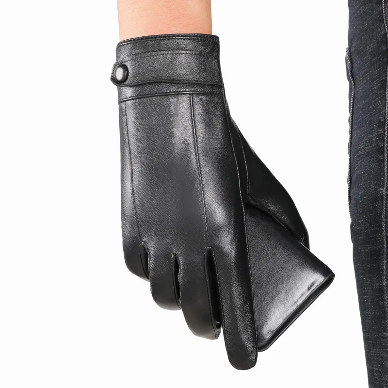 Fashion Real Leather Gloves Male Winter Thermal Plushed Lining Driving Simple Men Sheepskin Gloves Touchscreen Anti-Wind YSM0043