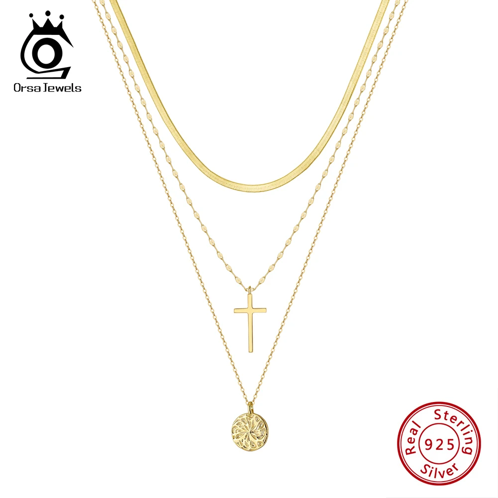 ORSA JEWELS 14K Gold Rhodium Layered Cross Pendant Necklace Sterling Silver 925 Round Cross Choker Chain for Women Gift BQN08