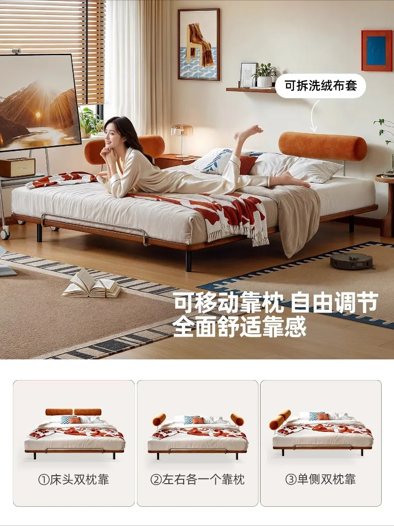 Movable pillow, antique solid wood fabric bed in the bed 2025 new Nordic simple bedside bed