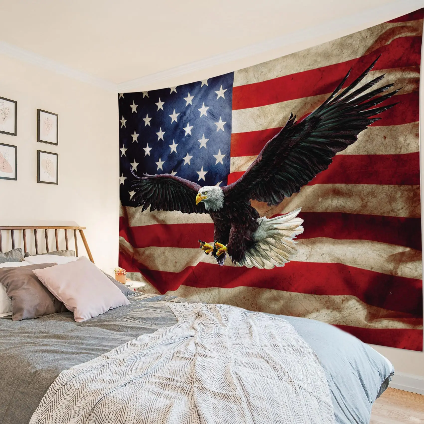 Vintage USA Flag Bald Eagle Tapestry, Patriotic Wall Hanging for Bedroom Dorm Living Room Decor