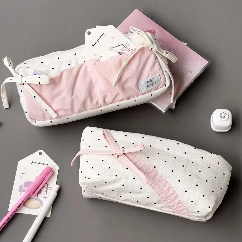 /KQM/Bag Student Stationery School Supplies Polka Dot Bow Pencil Case White with Pink Accessories Large Capacity Zipper Pencil