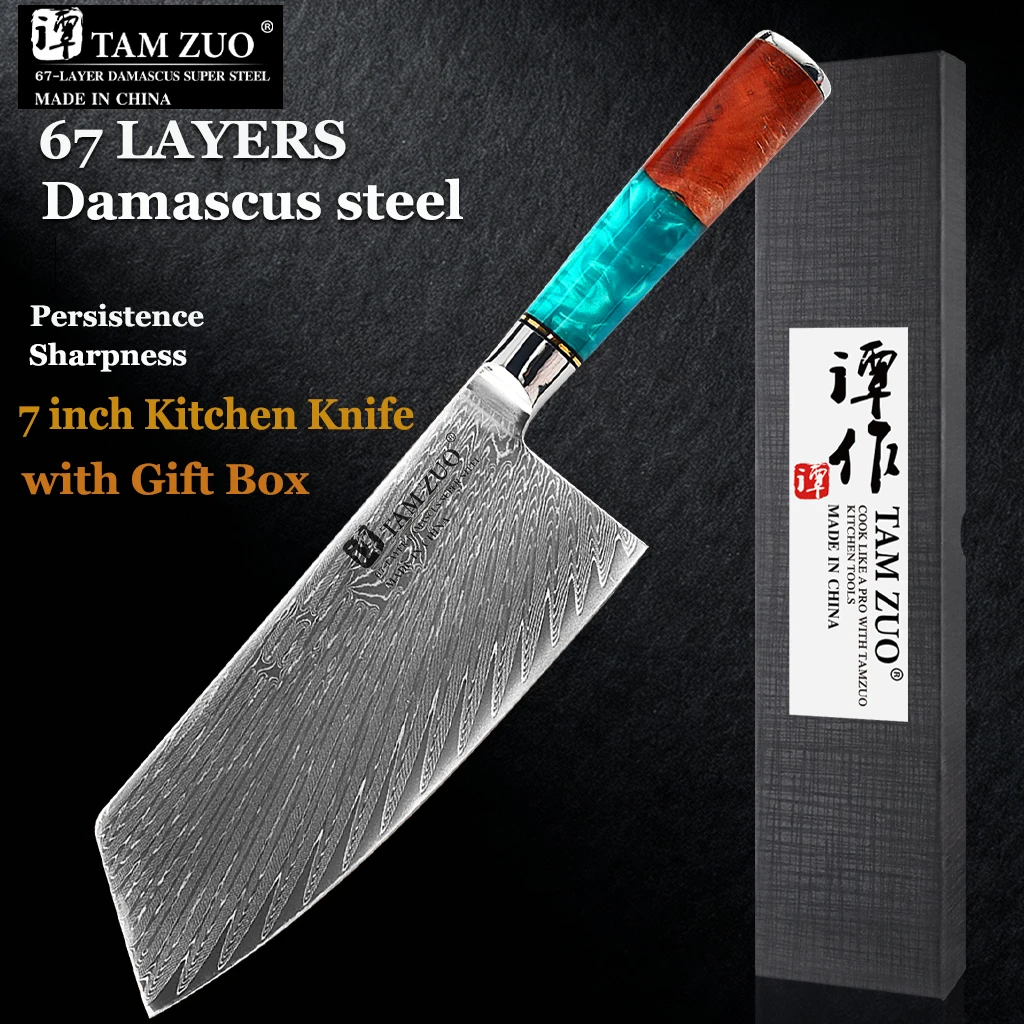 

TAMZUO 67 Layer Damascus Steel Chef Knife 7inch Cleaver Knife Slicing Meat Cleaver Kitchen Knife Blue Resin Wood Handle with Box