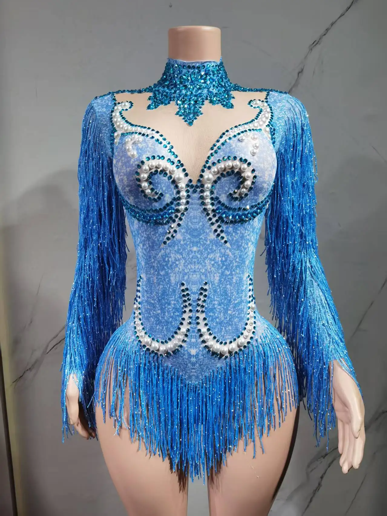 Stage Latin dance cha-cha dance practice suit stretch slim skirt fringe flash small diamond pearl design suit