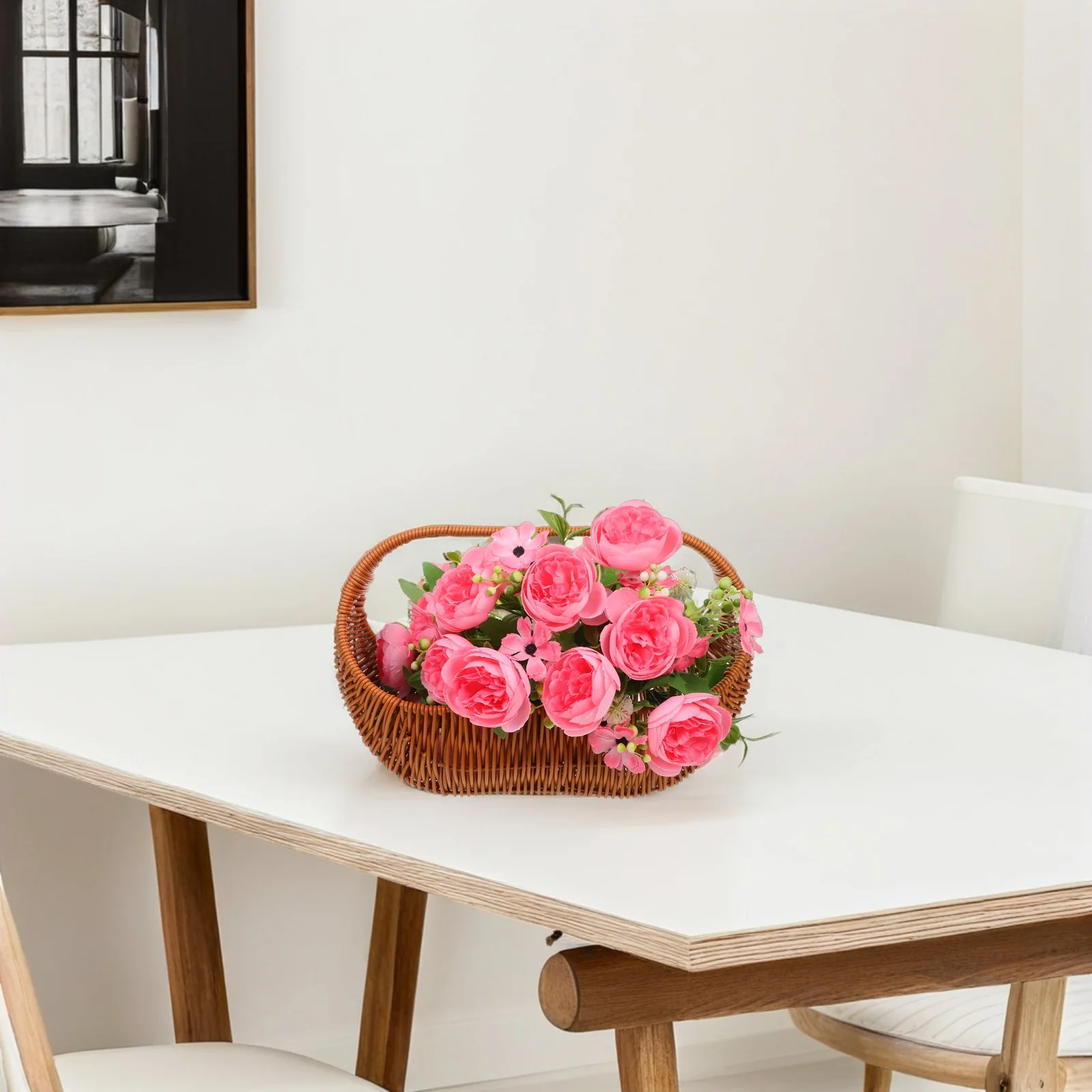 

Woven Basket Rustic Imitation Rattan Picnic Storage Basket Handled Organizer Flower Holder Fruit Hamper Decorative