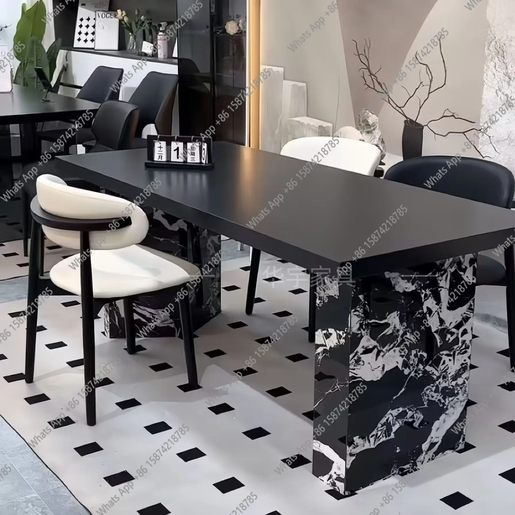 

MX Italian Pure Black Rock Slab Dining Table And Chair Combination Size Modern Simple Rectangular Tea Book Dining Table And Chai