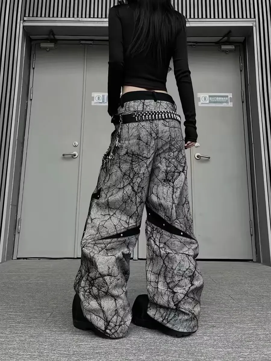 Hip hop jeans Personality Wide Leg Pants Washed Retro Baggy Jeans for Women Goth Harajuku Black Straight Pant Streetwear autumn