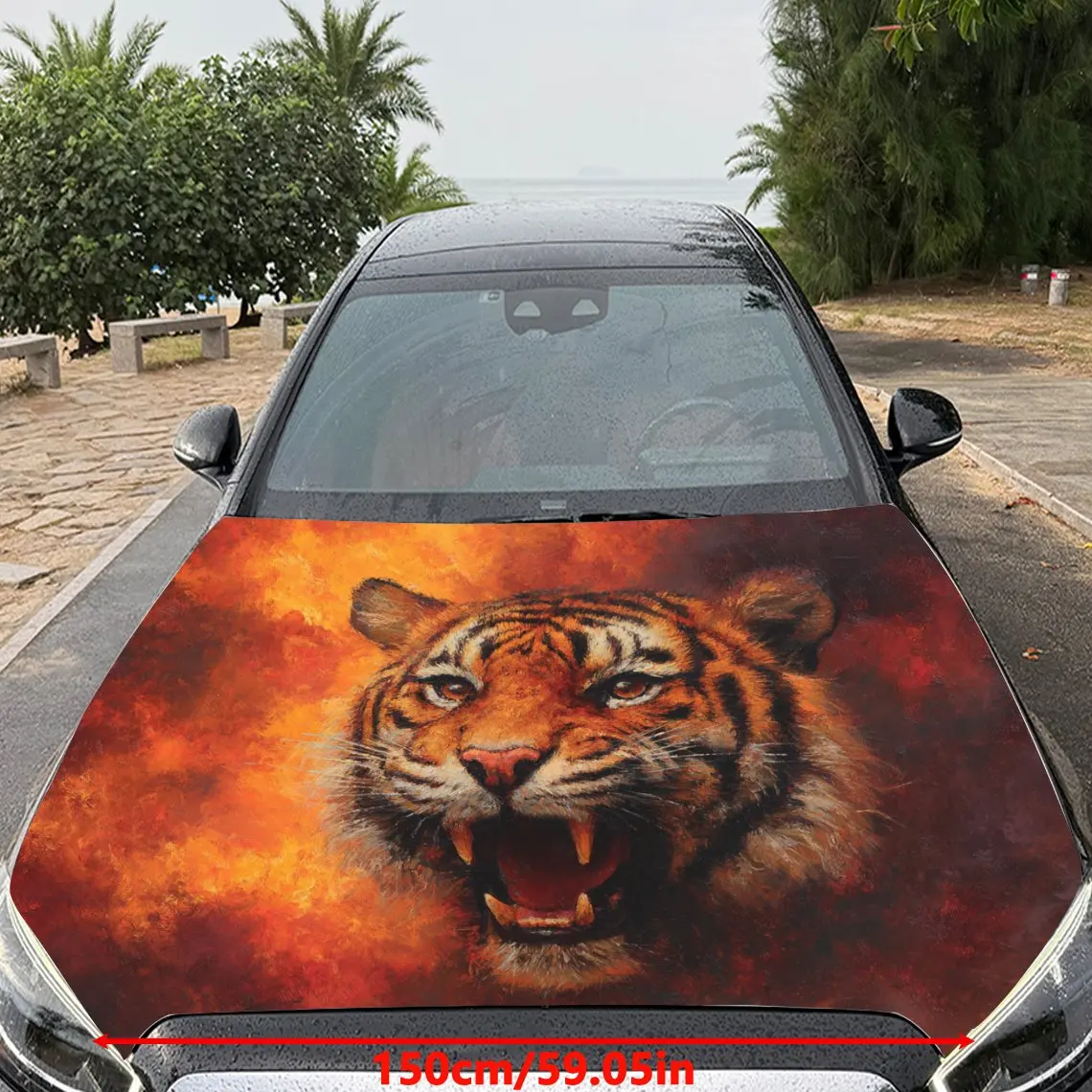Car Decals Tiger with Striped Fur, a Roaring Expression, and a Fiery - Hued Backdrop Car Hood Sticker, Waterproof Self - Adhesiv