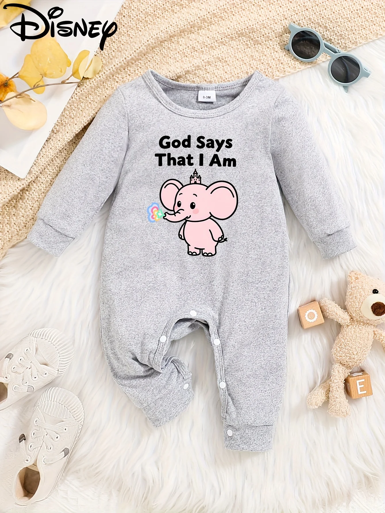 

【Authorized】Disney Dumbo Baby Long-Sleeve Romper, Cute Pattern Print, Round Neck, Soft and Comfortable, Machine Washable, Suitable for All Seasons, Suitable for Outdoor Wear