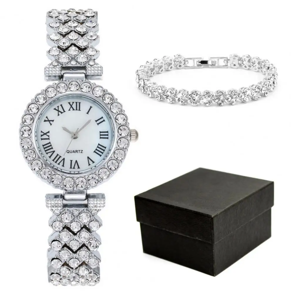 Watch Bracelet Set Shiny Rhinestone Quartz Adjustable Strap Stainless Luxury Wrist Decoration Watch Bracelet Set Lady Jewelry