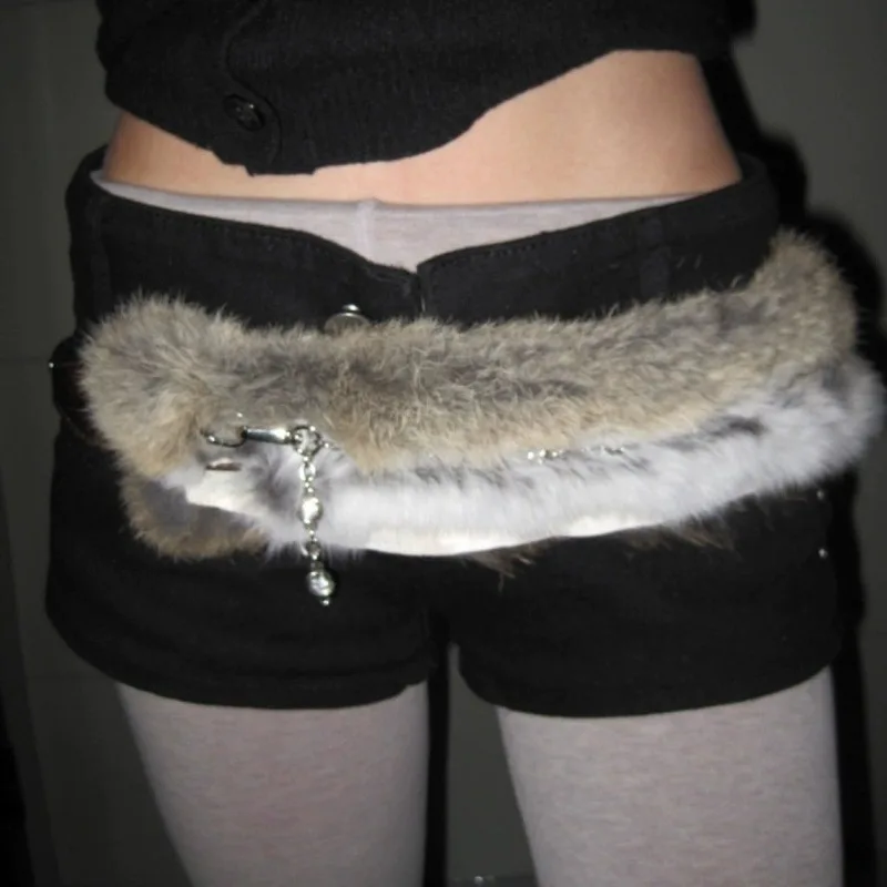 Vintage Faux Fur Belts Y2K Metal Bead Chain Plush Waist Chain Furry Fur Sexy Cowgirl Waistband Punk Belt Jeans for Night Club