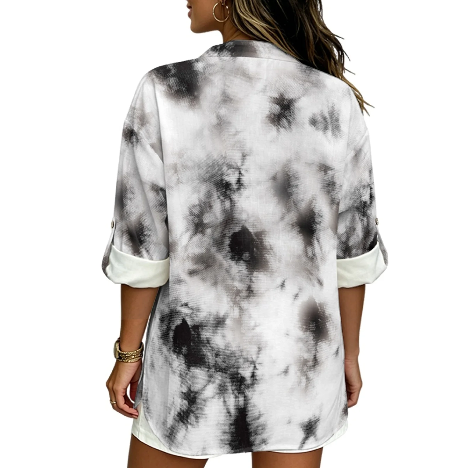 INSTANTARTS Women'S Linen V-Neck Shirt Breathable Long-Sleeved Top Blouse Roll-Up Cuff Lightweight Comfortable Soft Tribal Style view 3