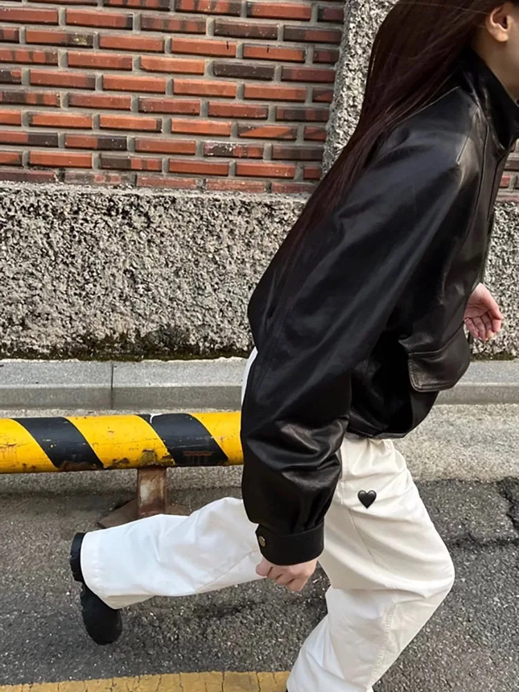 Dongdaemun 2025, Frühjahr Neue Sle Nw*o Stehkragen Bla Leder Jaet High Sense Retro Mantel frauen Lose fit Lange Sve