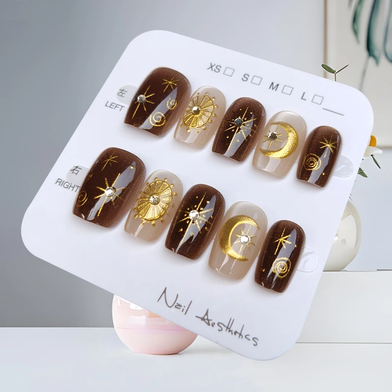 10 個秋と冬ブラウンシリーズ 3D ラインストーン金メッキキャッツアイネイルアートステッカープレスオンネイル気質フェイクネイル