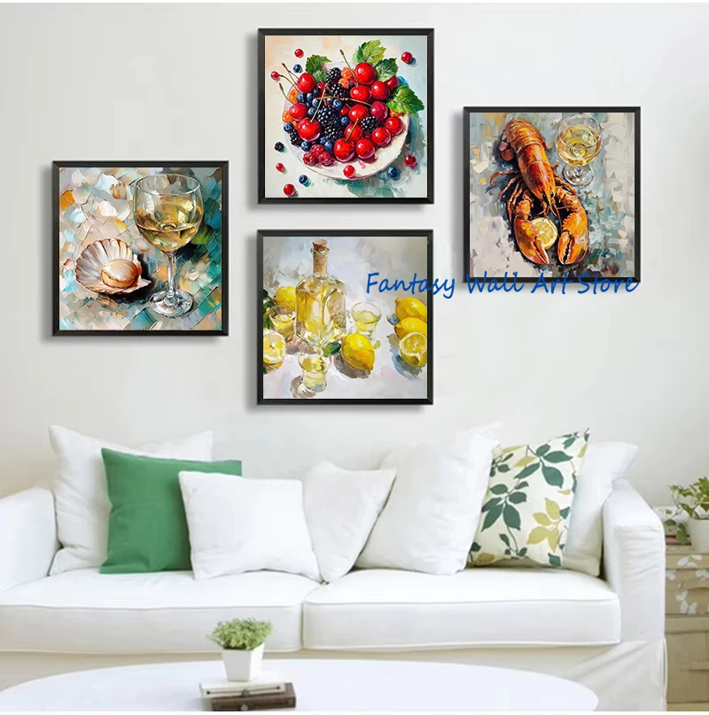 Coffee Snack Wine Cocktail Butter Bread Strawberry Sea Food Oil Painting Kitchen Poster Canvas Painting Wall Picture Home Decor