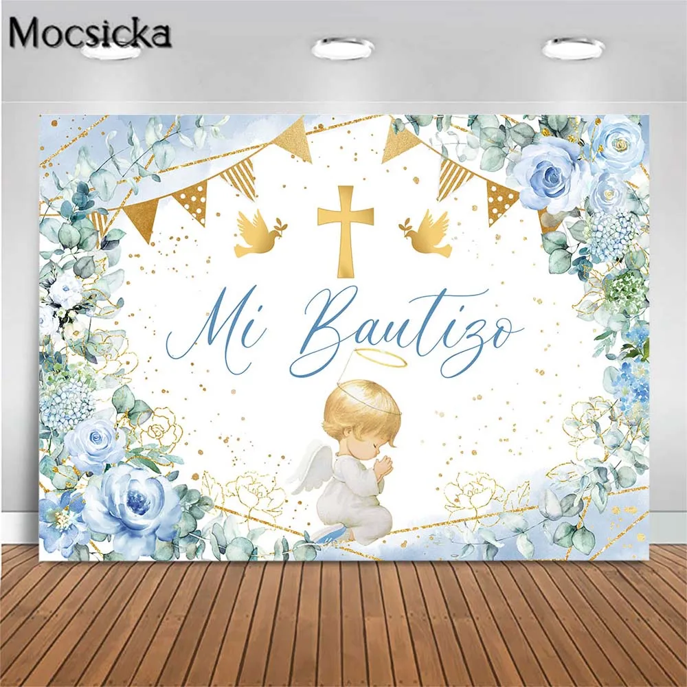 

Mocsicka Mi Bautizo Baby Baptism Backdrop Boy First Holy Communion Photography Backgrounds Cross Angel Blue Flowers Party Banner