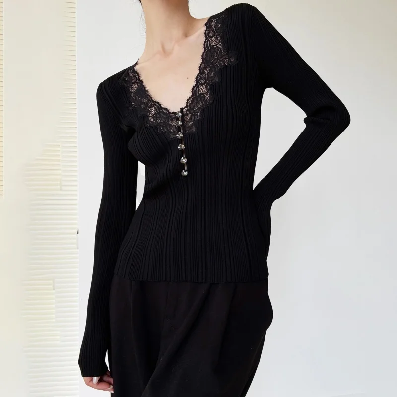 秋の新作レディースVネックレースフリンジ付き長袖ウールニットセーターy2k高品質でファッショナブルなシングルブレストプルオーバー