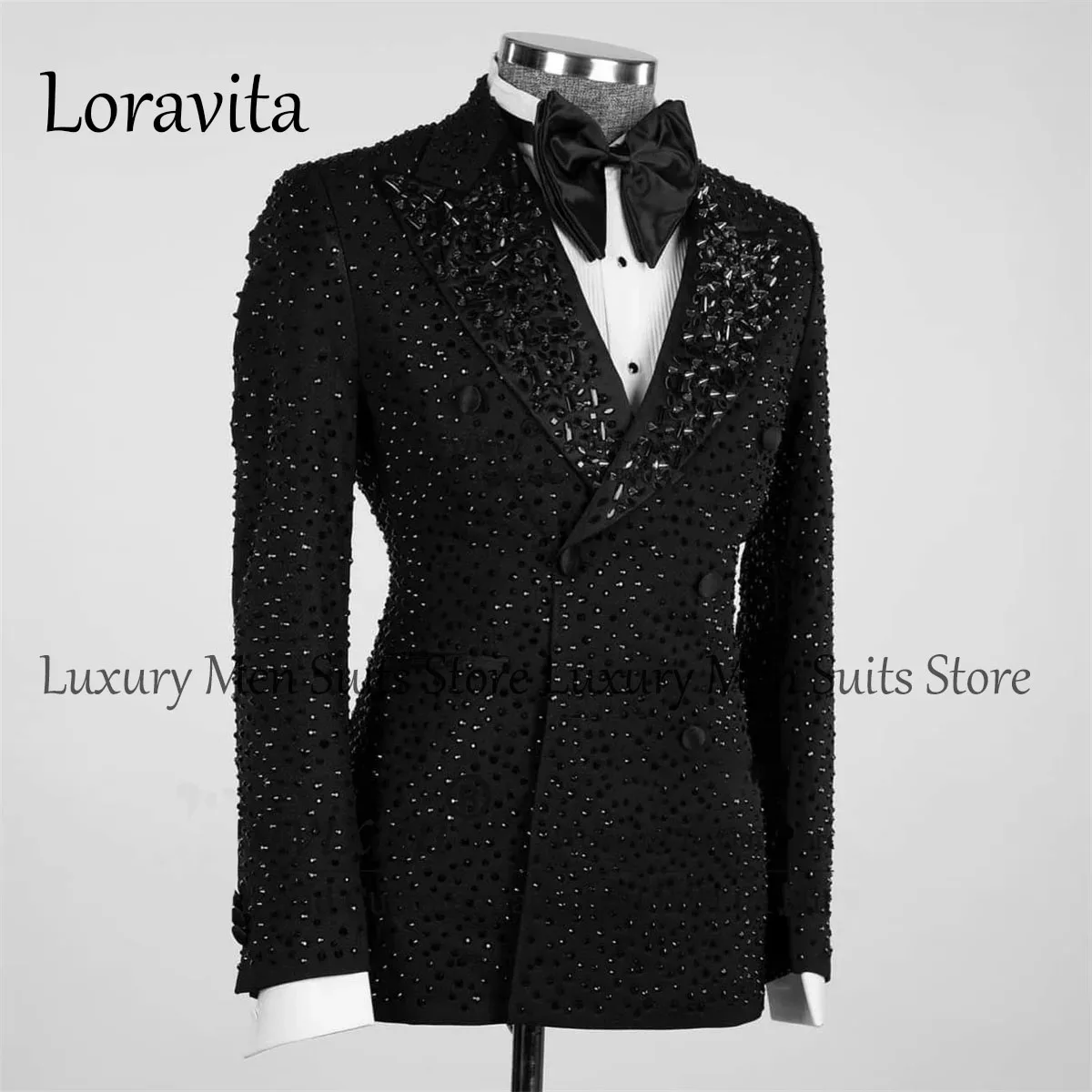 Sparkly Diamond Formal Black Men Suits 2 Pieces Sets Wedding Groom Tuxedos Beaded Crystals Male Prom Blazers Costume Homme