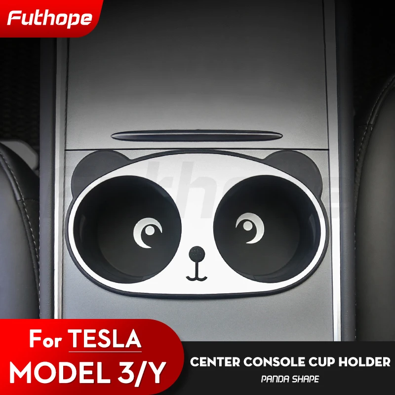 Futhope Panda Silica Gel Water Cup Holder Glass Storage Box Console for Tesla Model 3 ModelY 2021-2023 Glasses Phone holder