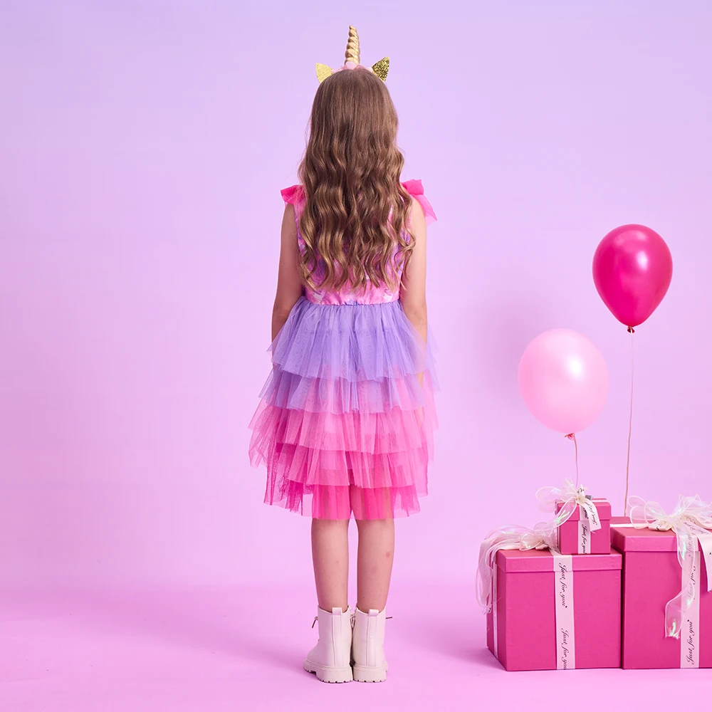 DXTON New Summer Children Dress Bow Ruffles Sleeveless Princess Layered Dress Gradient Colorful Kids Birthday Vacation Clothing