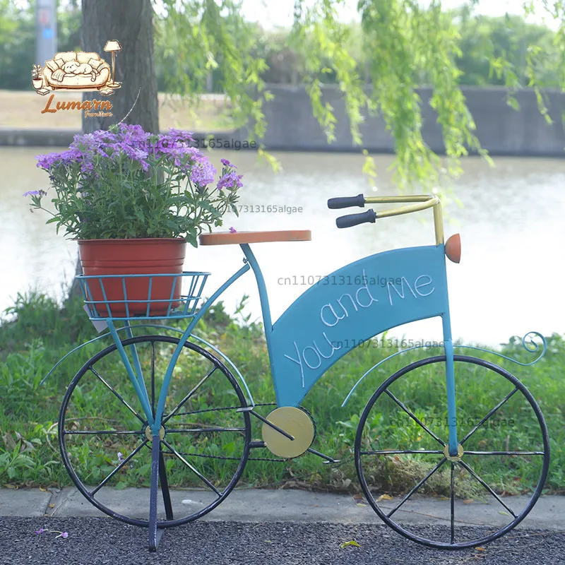 Wrought iron old blue bicycle flower stand courtyard garden decoration kindergarten landscaping ornament painted bench car