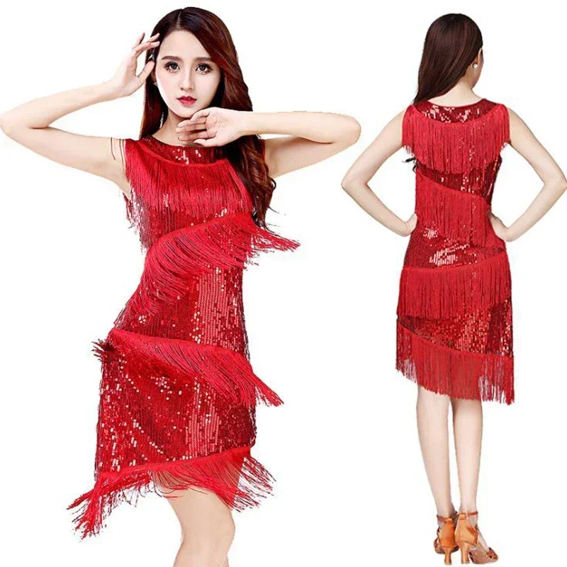 Woman Sleeveless Latin Dress Sequins Tassel Latin Skirt Stage Performance Party Cha Cha Samba Rumba Dance Costumes