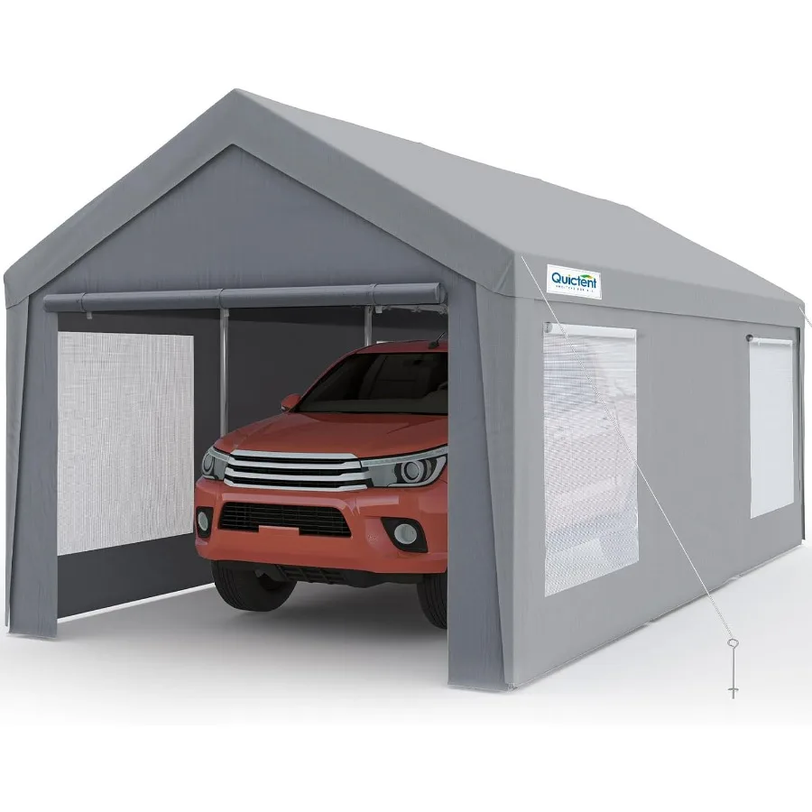 Carport For Outdoor Vehicle Shelter, Galvanized Steel, Gray, Heavy Duty Weatherproof With Ventilated Windows And Sidewalls