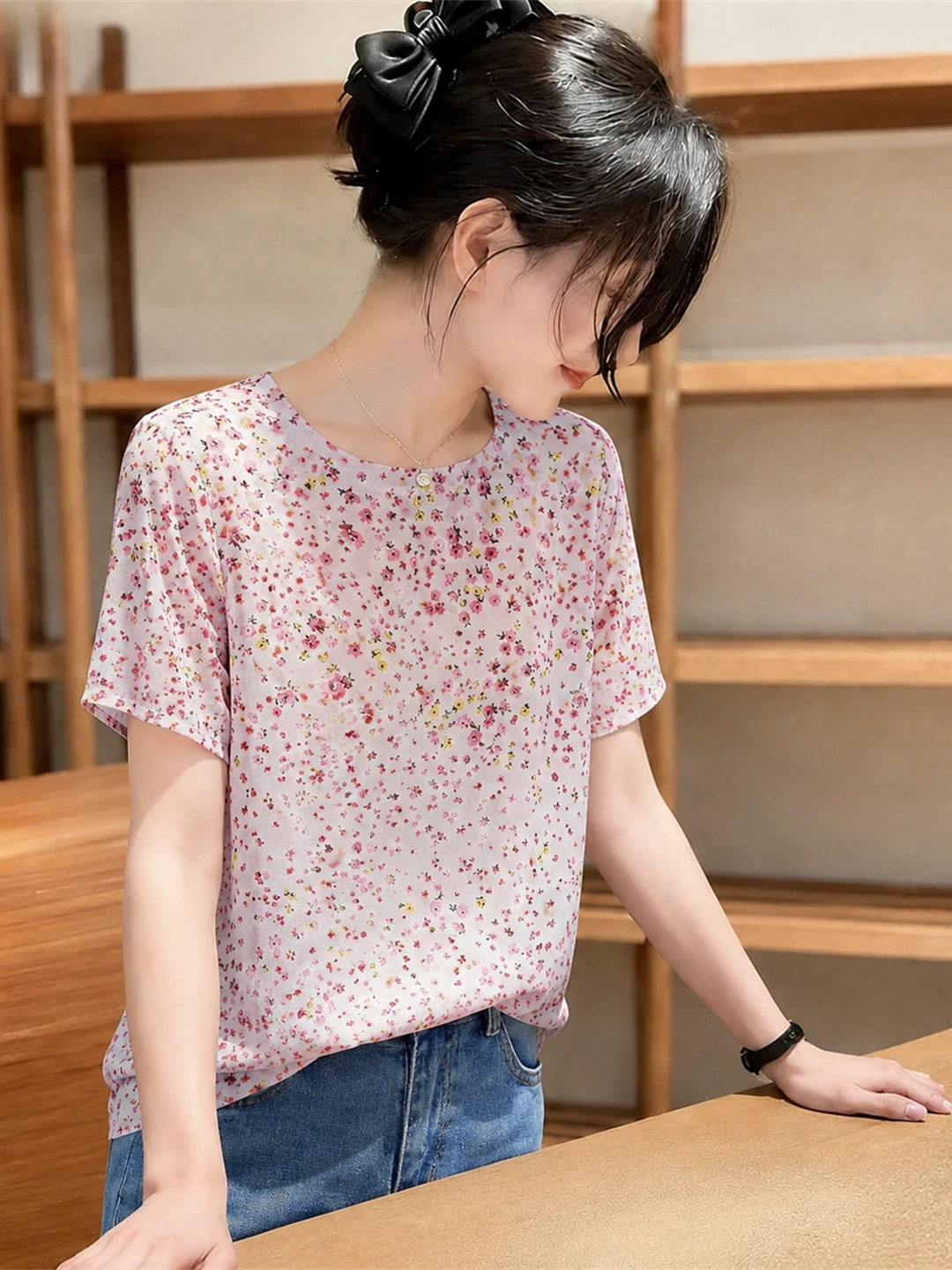

Korean Style round Neck Short Sleeve Floral Design T-Shirt Fashionable Summer Top Versatile Women's Shirt Poem Art Silk