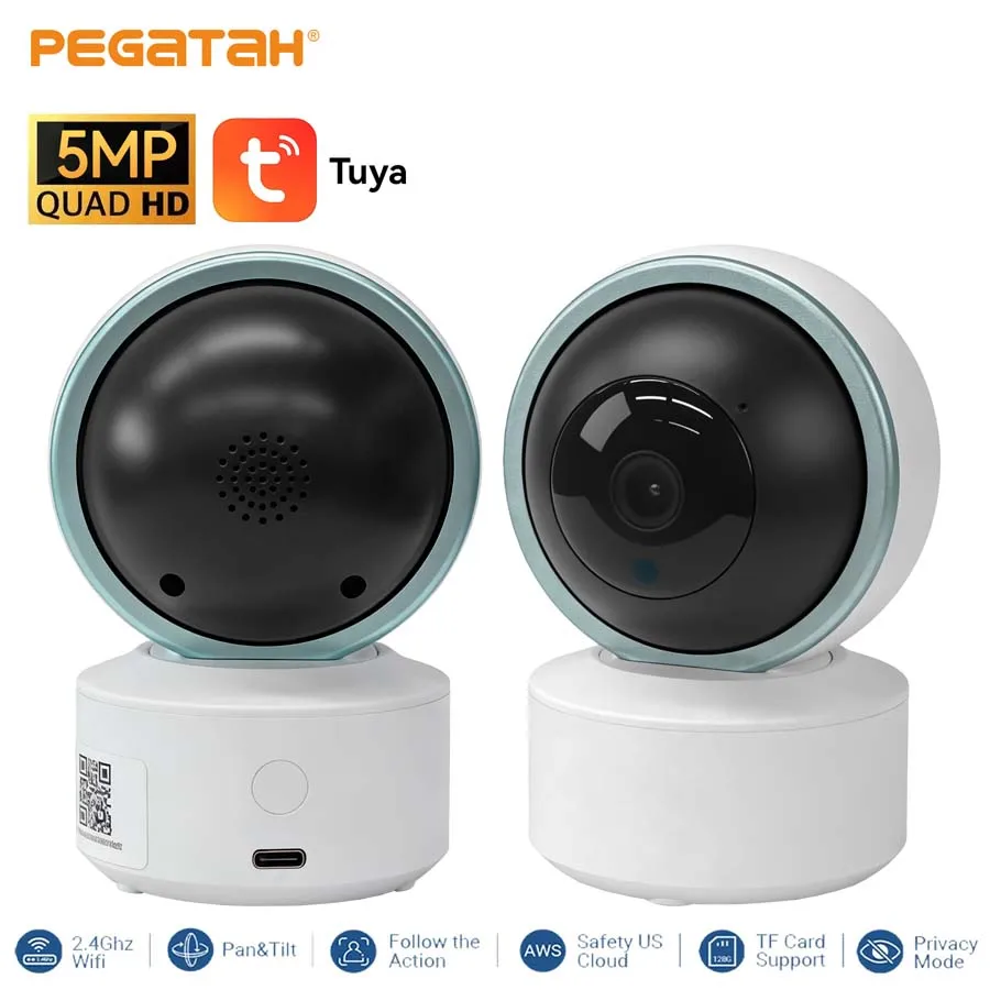 

IP-камера PEGATAH 2K с приложением Tuya, Wi-Fi 2,4 ГГц, внутренняя камера безопасности для дома/детей, 355 ° Панорамирование и наклон, двусторонняя аудиосвязь, ночное видение