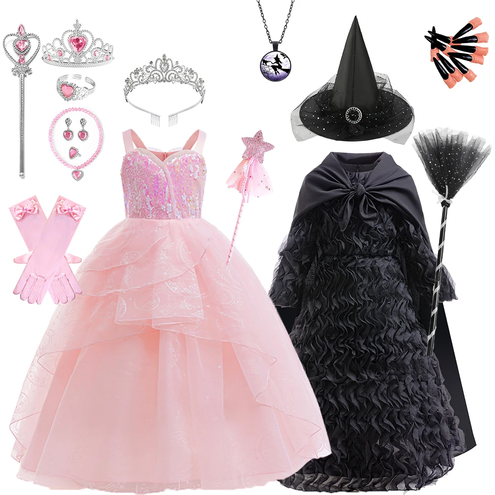 Wicked Children Elphaba Costume Black Witch Dress Long Hooded Cloak Girls Glinda Dress Up Birthday Party Pink Elegant Dresses