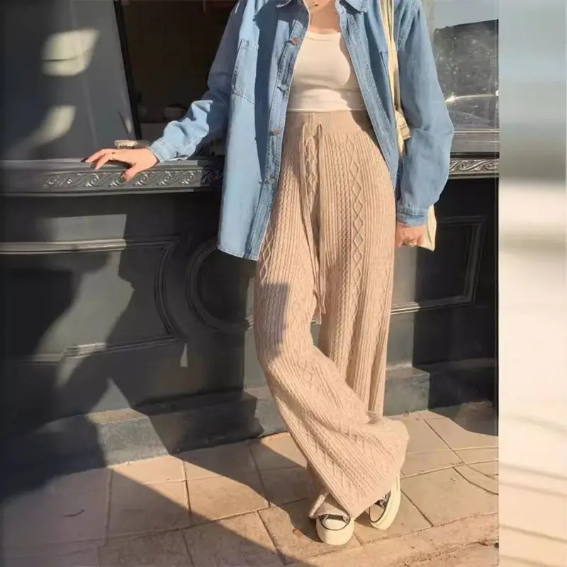Knitted Thickened Fried Dough Twists Casual Straight Trousers Women Autumn Winter High Waist Loose Wool Wide Leg Pants Mop Pants