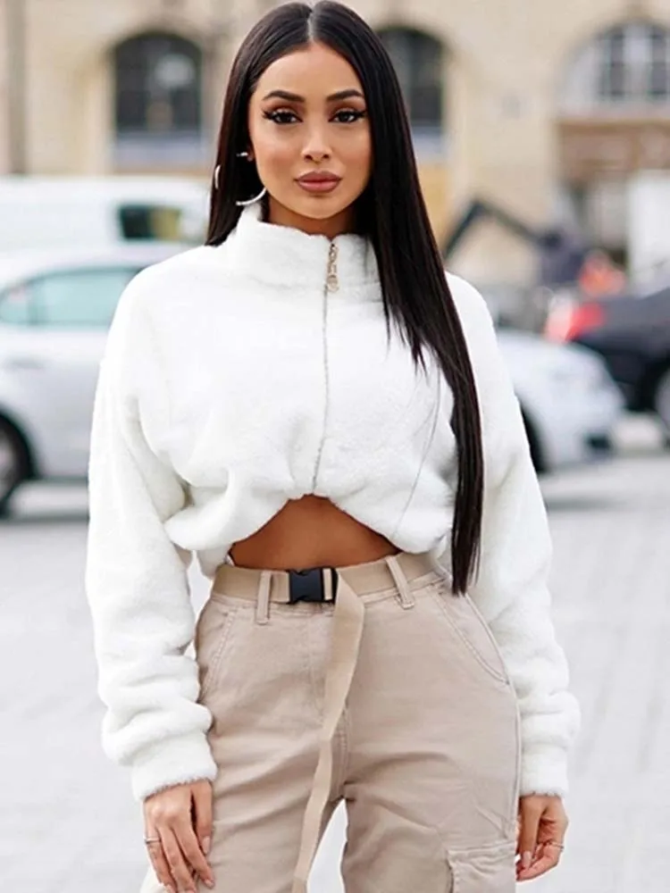 

Women Casual Loose Winter Crop Tops Solid Color Fully Stand-Neck Long Sleeve Zip-Up Pullover Sweatshirt for Girls White