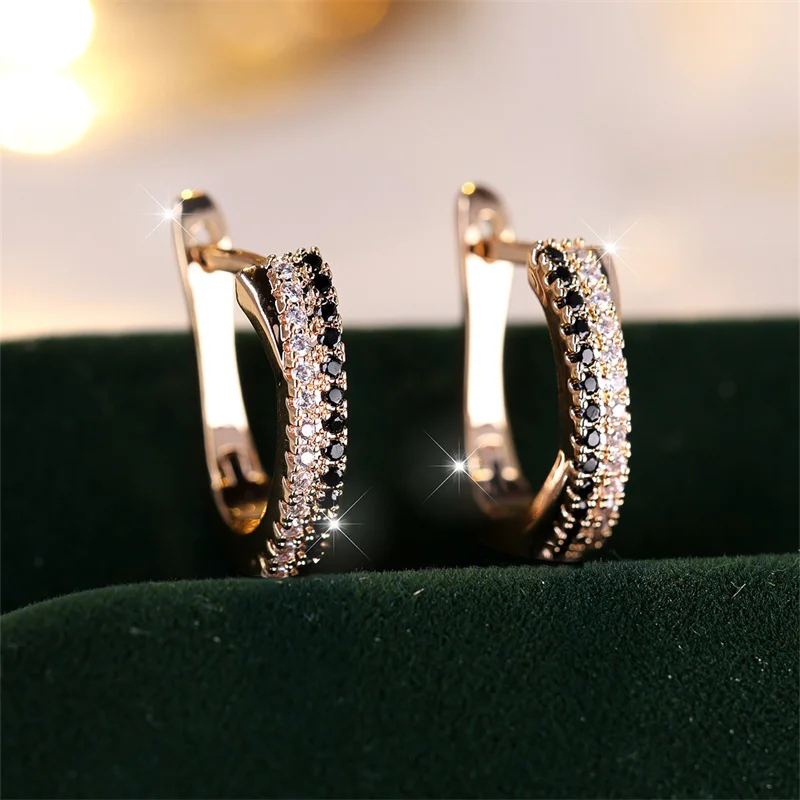 Hot Selling Trendy Crystal Earrings For Women Black And White Zircon Fashion Champagne Gold Color Earrings Wedding Jewelry Gifts