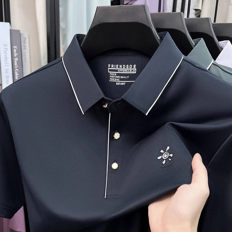 Light Luxury Brand Short Sleeve Polo Shirt Men's Summer Breathable Fashion Exquisite Embossed Casual Solid Color New T-Shirt