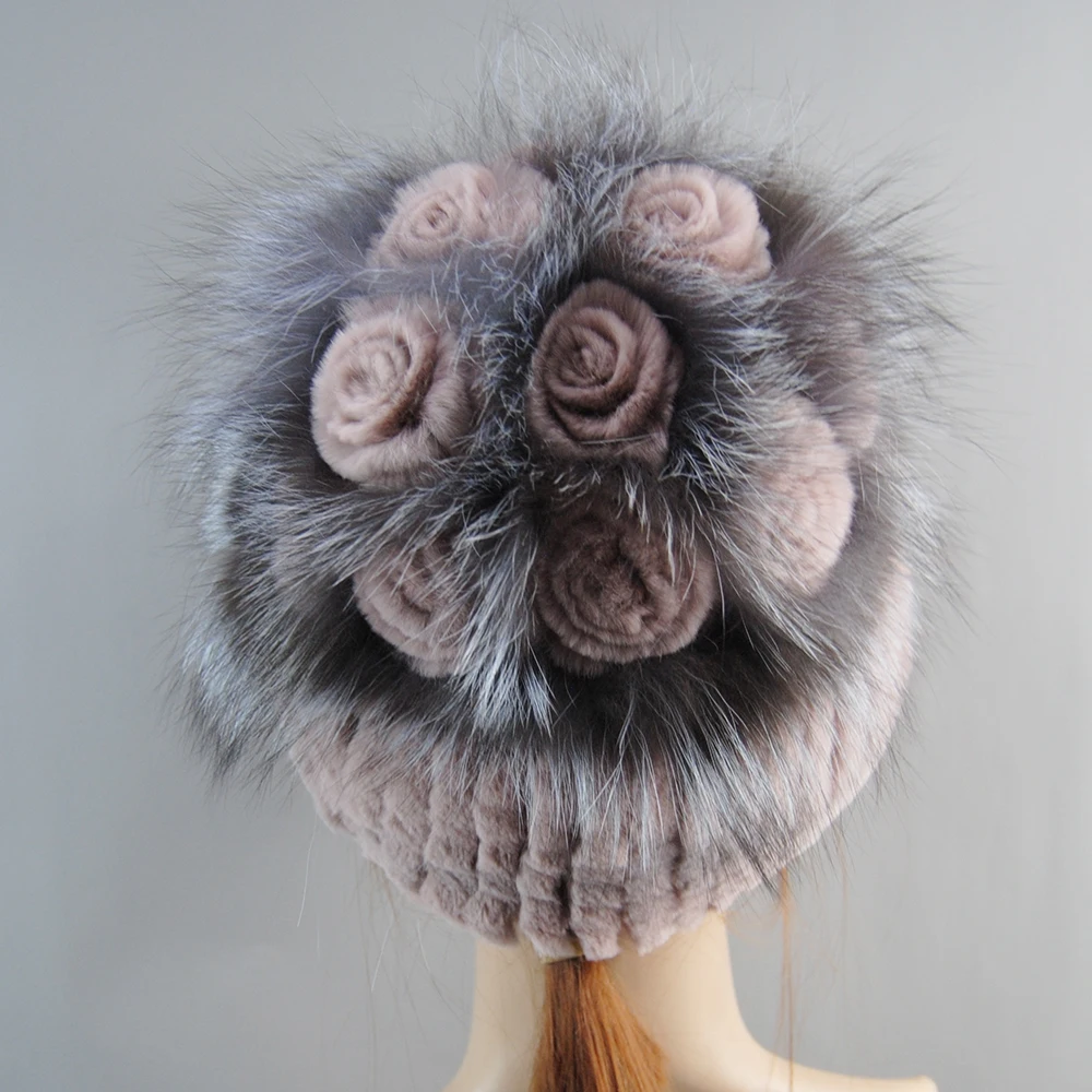 Winter Fur Hat Women Natural Rex Rabbit Fur Hats Elastic Knitted Hat Cap Floral Design Winter Accessories Bonnets Fur Wholesale