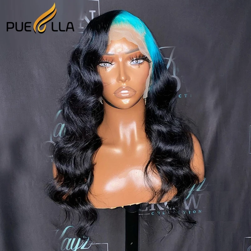 Wig akar biru Ombre 13x4 Wig rambut manusia Frontal renda Wig gelombang tubuh Ombre Wig depan renda transparan 4x4 Wig penutup renda