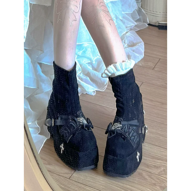 

Pinkyo оригинальные полусапожки Y2k Subculture в стиле панк в темном стиле, осень/зима 2023, новый стиль, туфли на тонком наклонном каблуке и толстой подошве