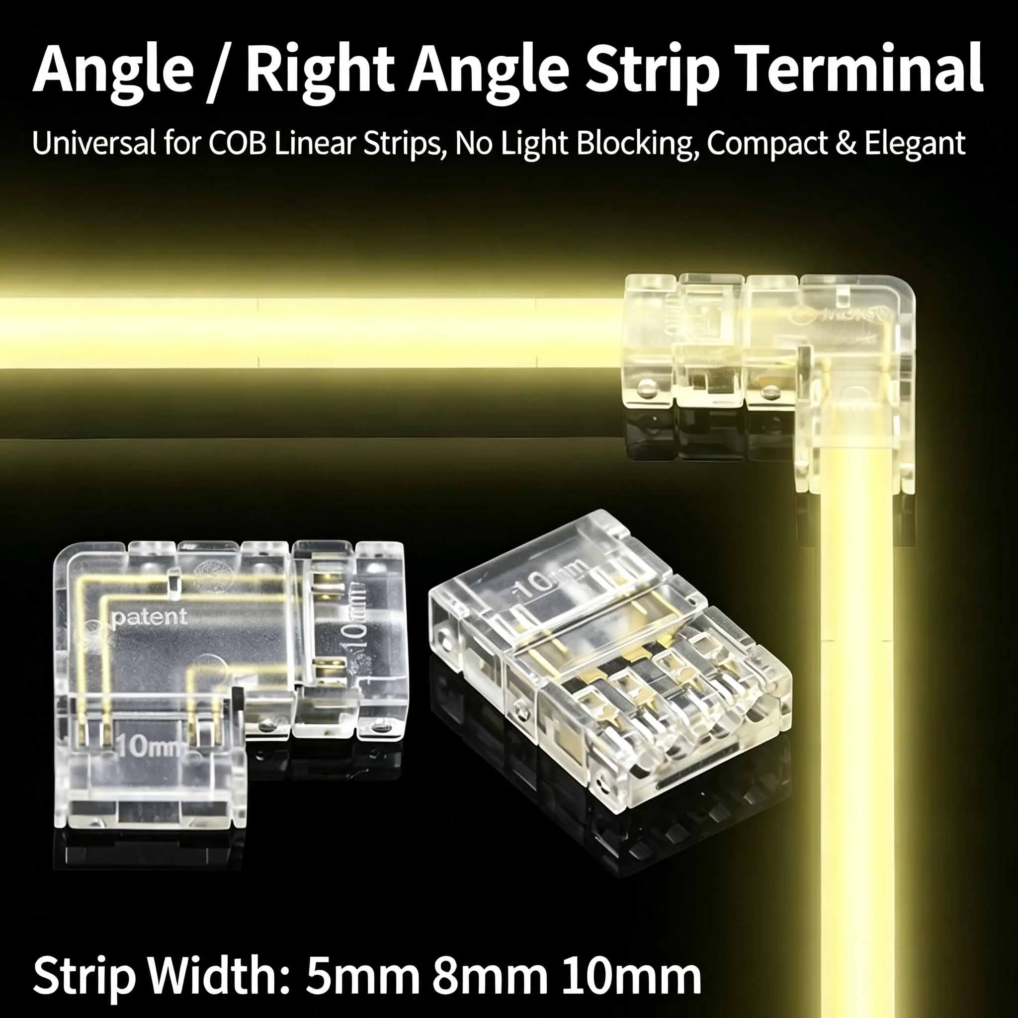 COB LED Strip Right Angle Straight Connector 5/8/10mm 2-4Pin Solderless Terminal Extension Wire Clip,No Shadow Corner Connection