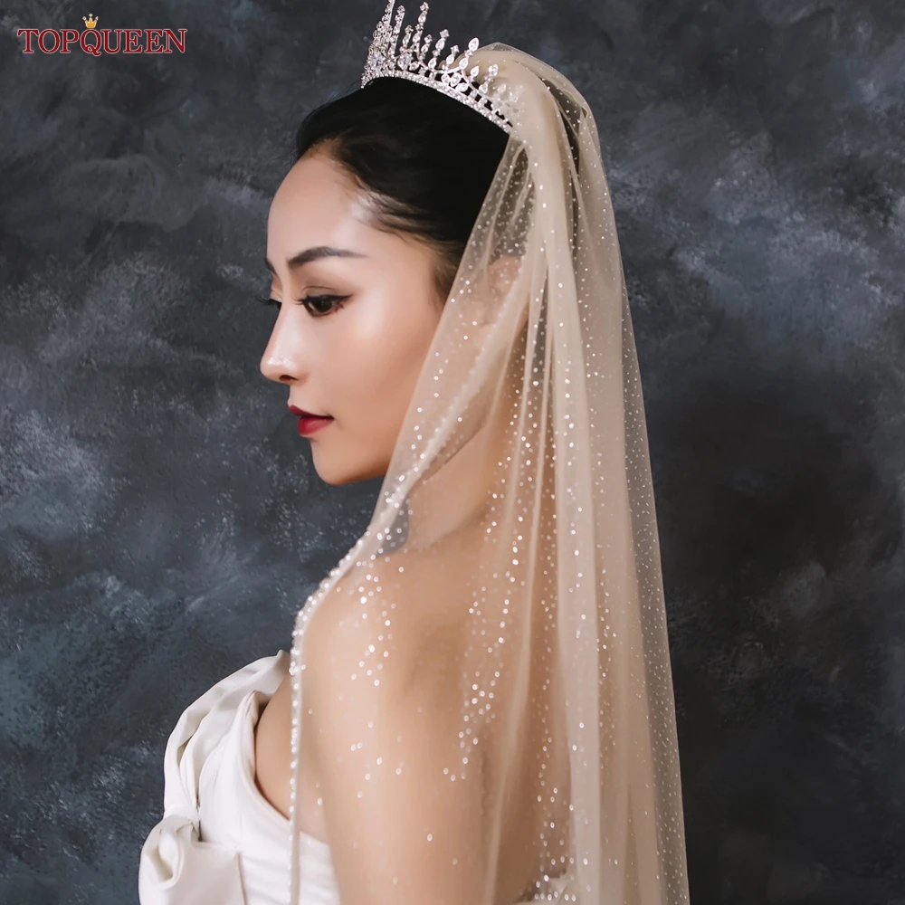 TOPQUEEN V143 Champagne Wedding Veil Golden Bridal Veils with Crystals Beaded Edge 1 Tier Glitter Tulle Fingertip Veil Sparkly