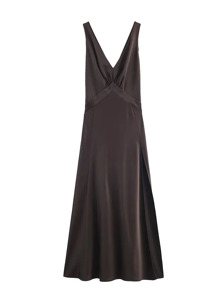 HH Women Fashion Party Evening Dress Summer Solid Zipper Long Dress Woman V-Neck Sleeveless Backless Sexy Slit hem Elegant Dress