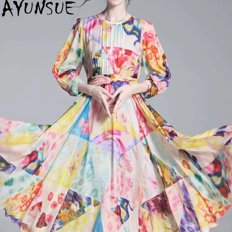 AYUNSUE 100% Echte Maulbeerseide Elegante Kleider für Damen Kleidung 2026 Sommerkleid Mode Langes Kleid Bedrucktes Kleid