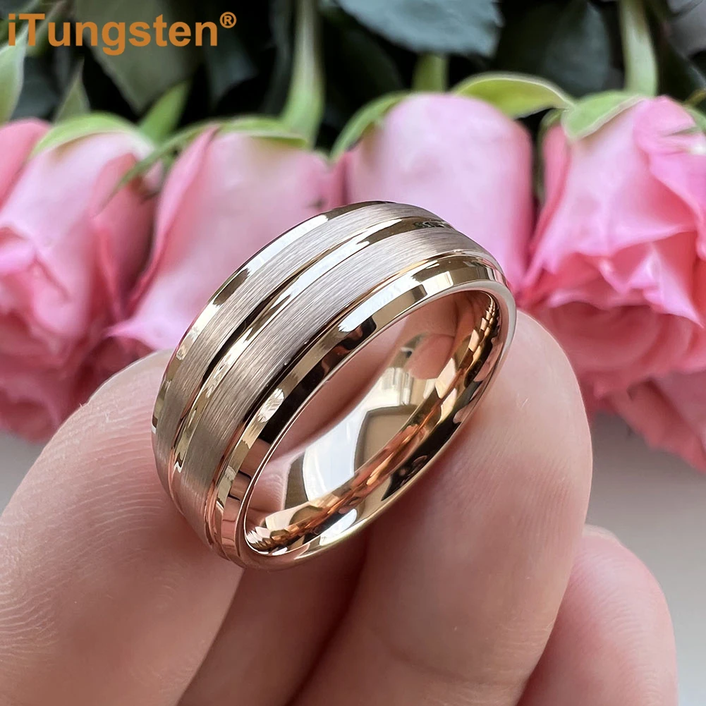 iTungsten 8mm Fashion Rings for Men Women Tungsten Wedding Band Stepped Beveled Grooved Brushed Finish Comfort Fit