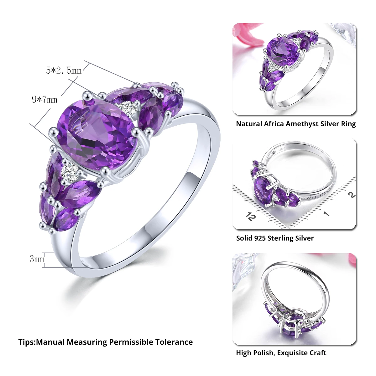 Natural South Africa Amethyst Silver Rings 2.5 Carats Deep Purple Gemstone Women Classic Elegant Style Anniversary Fine Jewelrys