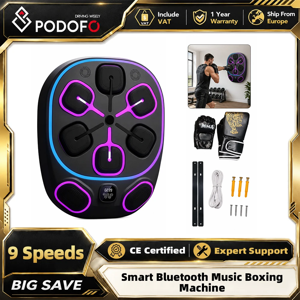 Podofo Smart Music Boxing Machine, 9 vitesses et 9 modes, entraîneur de boxe mural avec musique Bluetooth, 6+2 pads de frappe, cible de frappe à réaction LED, équipement de boxe sans perçage avec Velcro pour la remise en forme à domicile, enfants et adultes