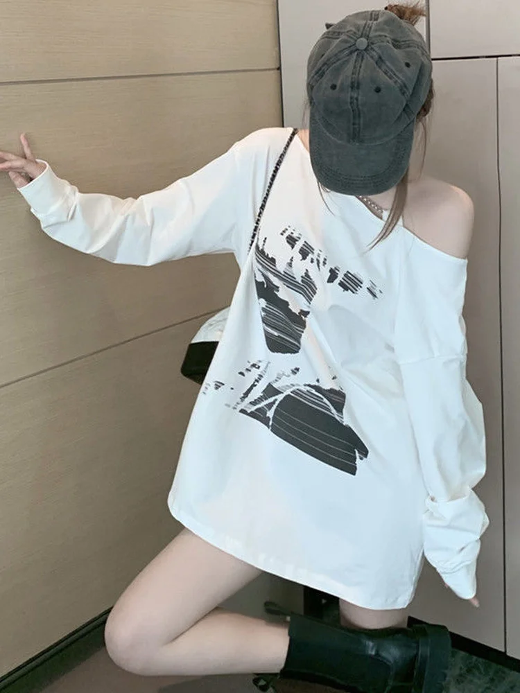 KOSAHIKI Cargo Girl Off Shoulder Hoodies Women Printed Casual Y2k Sweatshirt 2024 Spring Korean Long Sleeve Top Sudaderas