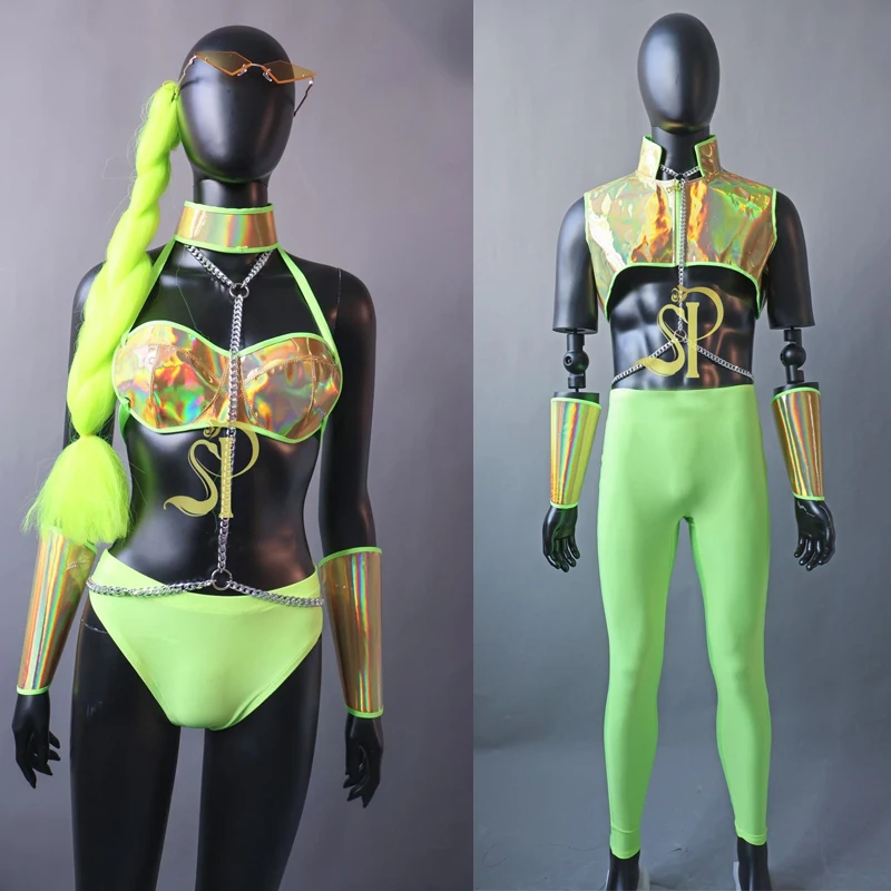 Sexy Gogo Dance Costumes Men Laser Top Green Pants For Women Pole Dance Bikini Nightclub Dj Ds Performance Rave Outfits XS7618