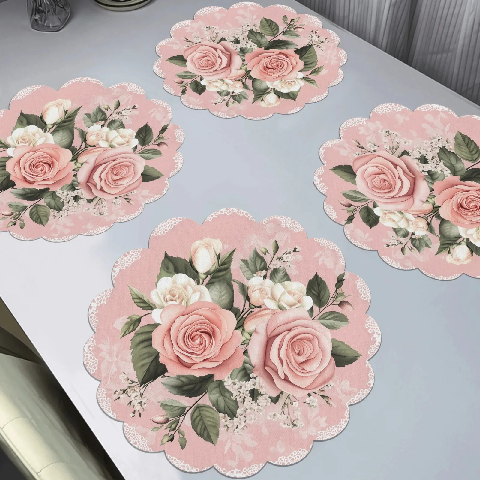 VIKAMA 4PC Lace Floral Placemat Circular Home Dining Table Afternoon Tea Party Decoration Romantic And Warm Style