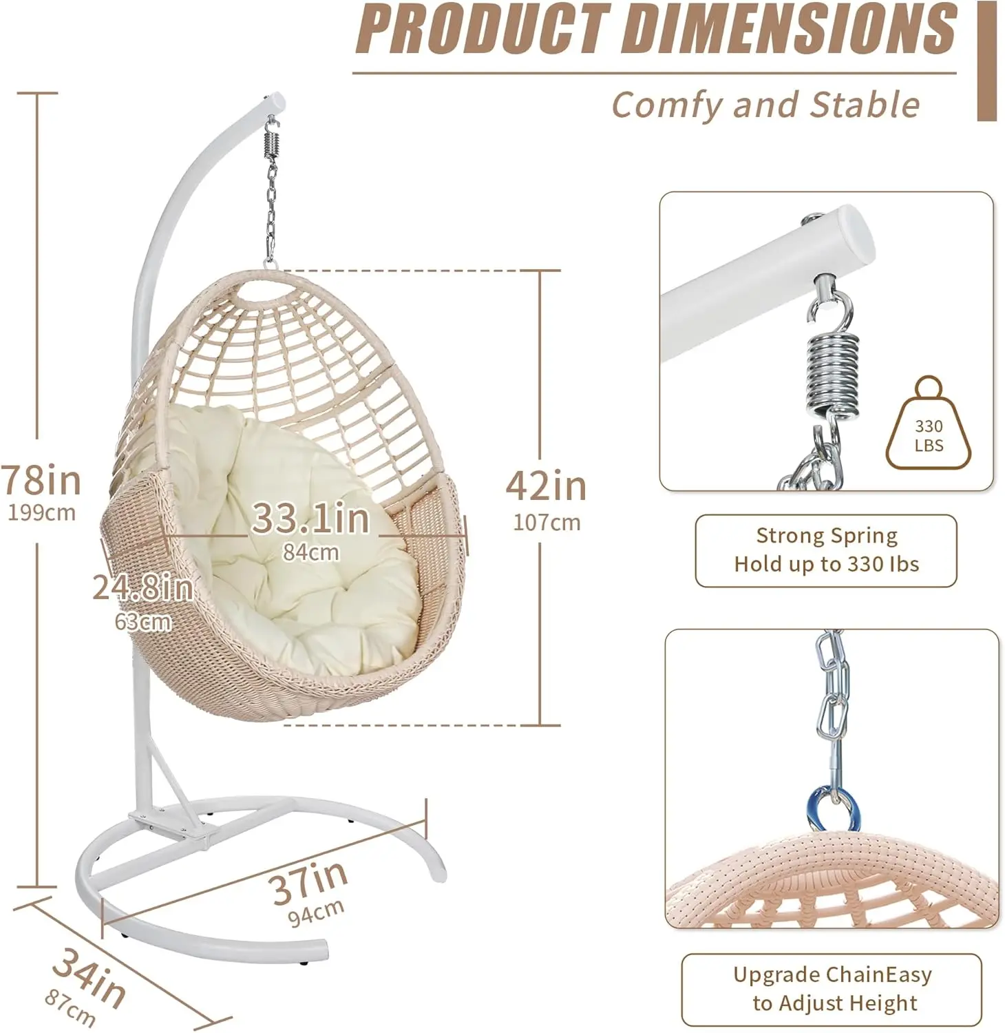 Egg Swing Chair With Stand Hanging Egg Chair Outdoor - Rattan Wicker Patio Hanging Basket Chair Hammock With Metal