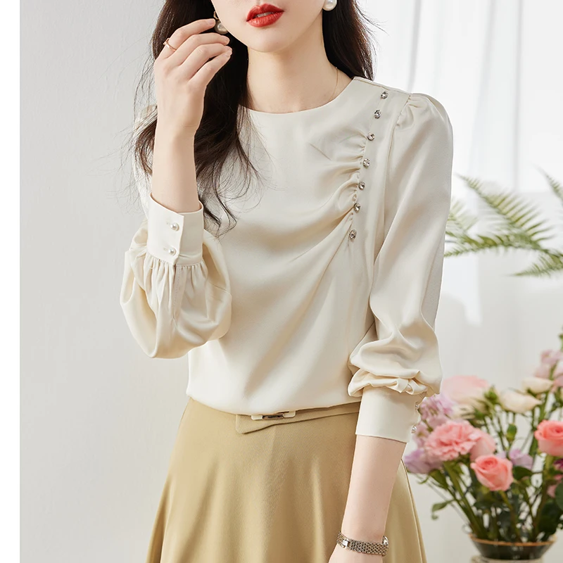 

2024 Spring Women Clothes Korean Satin Shirt Beading Pleated Elegant Top Mujer Long Sleeve Ladies Blouse O Neck Blusa Feminina