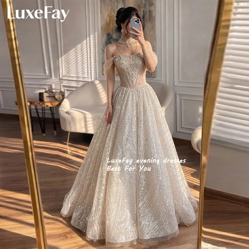 LuxeFay Customized Glitter Off the Shoulder Tulle Evening Dresses 2026 A-line Prom Dress Luxurious Long Formal Party Ball Gowns